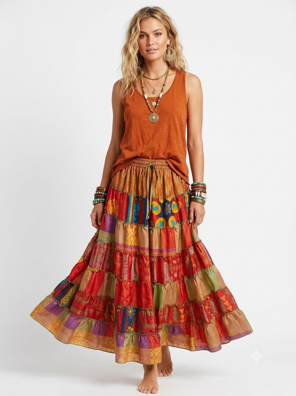 52. Boho Gypsy Tiered Pink Patchwork Maxi Skirt With Pockets One Size NEW